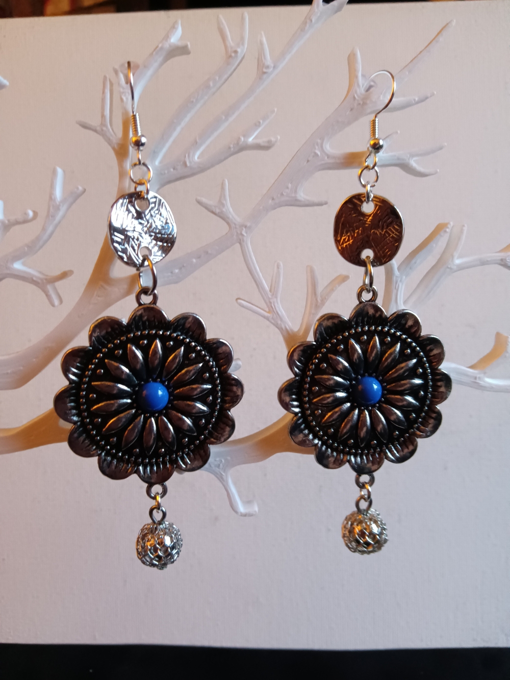 Boho Silver Floral Drop Earrings with Blue Center